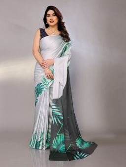 FABMORA - Women Grey Satin Printed Saree with Unstitched Blouse