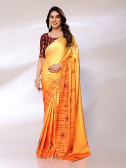 FABMORA - Women Orange Satin Floral Printed Saree with Unstitched Blouse