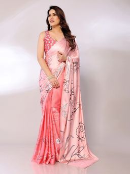 FABMORA - Women Pink Satin Floral Printed Saree with Unstitched Blouse