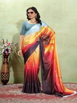 FABMORA - Women Multi-Color Satin Floral Printed Saree with Unstitched Blouse