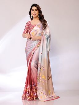 FABMORA - Women Multi-Color Satin Floral Printed Saree With Unstitched Blouse