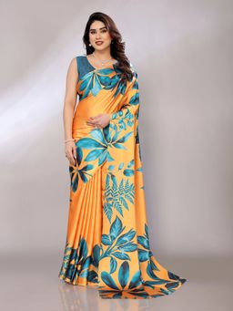 FABMORA - Women Mustard Satin Floral Printed Saree With Unstitched Blouse