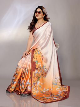 FABMORA - Women Multi-Color Satin Printed Saree With Unstitched Blouse