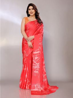 FABMORA - Women Red Satin Abstract Printed Saree With Unstitched Blouse