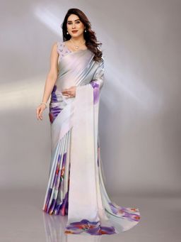 FABMORA - Women Silver Satin Floral Printed Saree With Unstitched Blouse