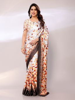 FABMORA - Women White Satin Geometric Printed Saree With Unstitched Blouse