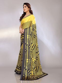 FABMORA - Women Yellow Satin Geometric Printed Saree With Unstitched Blouse