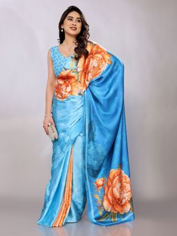 FABMORA - Women Blue Satin Floral Printed Saree with Unstitched Blouse