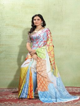 FABMORA - Women Blue Satin Abstract Printed Saree with Unstitched Blouse