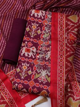 MEENA BAZAAR - Chanderi Purple Printed Unstitched Kurta with Unstitched Pant and Dupatta