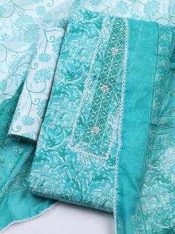 MEENA BAZAAR - Cotton Floral Blue Unstitched Kurta with Unstitched Pant and Dupatta