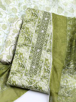 MEENA BAZAAR - Cotton Green Floral Unstitched Kurta with Unstitched Pant and Dupatta