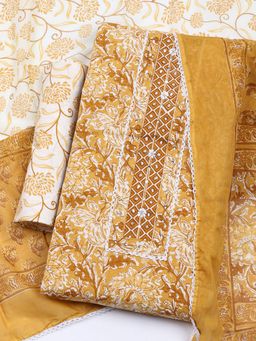 MEENA BAZAAR - Cotton Mustard Floral Unstitched Kurta with Unstitched Pant and Dupatta