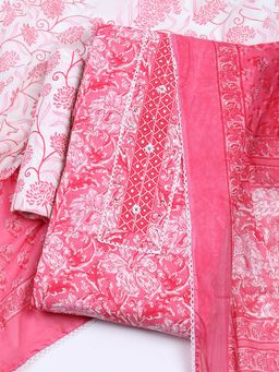 MEENA BAZAAR - Cotton Pink Floral Printed Unstitched Kurta with Unstitched Pant and Dupatta