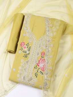 MEENA BAZAAR - Chanderi Yellow Embroidered Unstitched Kurta with Unstitched Pant and Dupatta