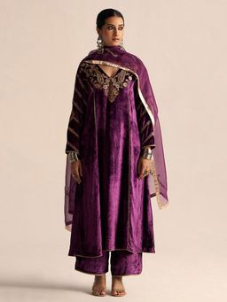 Ganga Fashions - Imperial Purple Velvet Festive Kurta with Pant and Dupatta