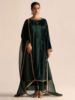 Ganga Fashions - Ponderosa Pine Green Velvet Festive Kurta with Pant and Dupatta