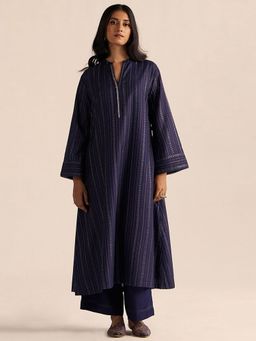 Ganga Fashions - Medieval Navy Blue Embroidered Raw Silk Kurta and Pant