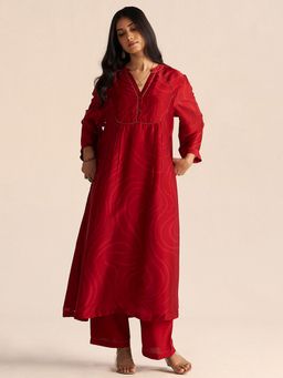 Ganga Fashions - Chili Pepper Red Silk Print Kurta and Pant