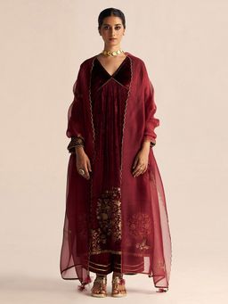 Ganga Fashions - Sun-Dried Tomato Velvet Festive Kurta with Pant and Dupatta