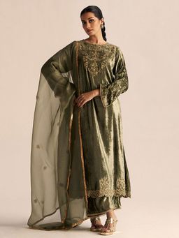 Ganga Fashions - Deep Lichen Green Velvet Festive Kurta with Pant and Dupatta