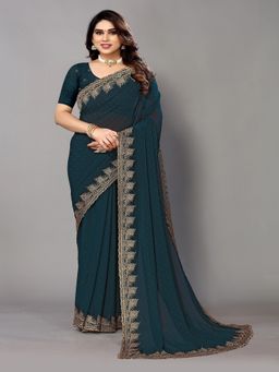FABMORA - Women Green Georgette Embellished Saree with Unstitched Blouse
