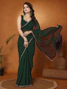FABMORA - Women Green Georgette Solid Saree with Unstitched Blouse
