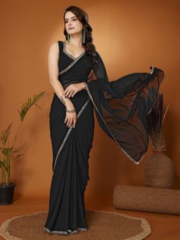 FABMORA - Women Black Georgette Solid Saree with Unstitched Blouse