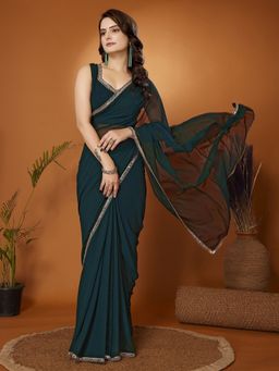 FABMORA - Women Green Georgette Solid Saree with Unstitched Blouse
