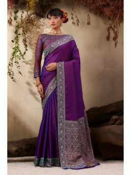 Mysilklove - Boysenberry Purple Woven Kanjivaram Saree with Unstitched Blouse