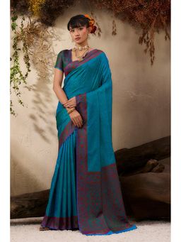 Mysilklove - Chill Blue Woven Kanjivaram Saree with Unstitched Blouse