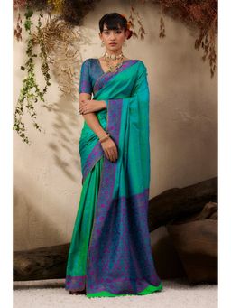 Mysilklove - Navy Green Woven Kanjivaram Saree with Unstitched Blouse