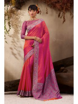 Mysilklove - Hot Pink Woven Kanjivaram Saree with Unstitched Blouse