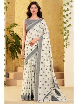 Mysilklove - Parchment White Woven Linen Saree with Unstitched Blouse