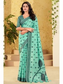Mysilklove - Summer Green Woven Linen Saree with Unstitched Blouse