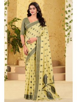 Mysilklove - Pastel Yellow Woven Linen Saree with Unstitched Blouse