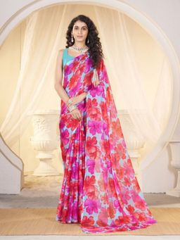 Garden VARELI - Women Blue Chiffon Floral Printed Saree Without Blouse
