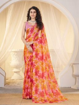 Garden VARELI - Women Pink Chiffon Floral Printed Saree Without Blouse