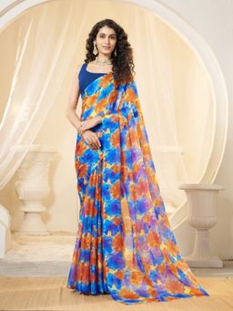Garden VARELI - Women Blue Chiffon Floral Printed Saree Without Blouse