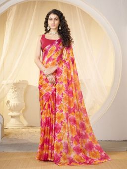 Garden VARELI - Women Orange Chiffon Floral Printed Saree Without Blouse