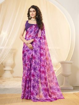 Garden VARELI - Women Purple Chiffon Floral Printed Saree Without Blouse