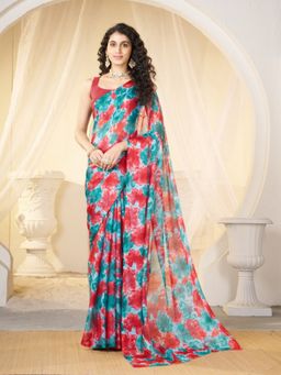 Garden VARELI - Women Red Chiffon Floral Printed Saree Without Blouse