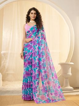 Garden VARELI - Women Multi-Color Chiffon Floral Printed Saree Without Blouse