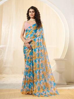 Garden VARELI - Women Pink Chiffon Floral Printed Saree Without Blouse