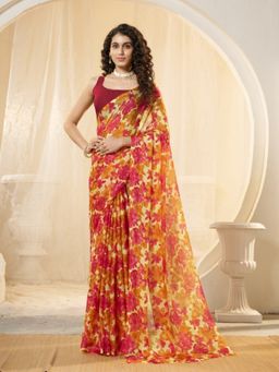 Garden VARELI - Women Yellow Chiffon Floral Printed Saree Without Blouse
