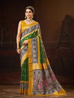 Garden VARELI - Women Green Viscose Printed Saree with Unstitched Blouse