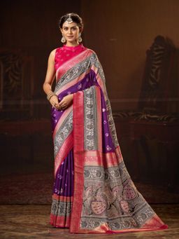 Garden VARELI - Women Purple Viscose Printed Saree with Unstitched Blouse