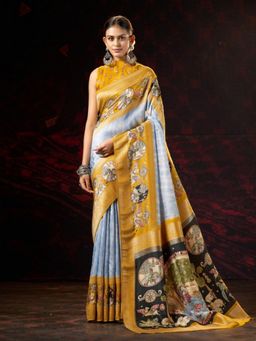 Garden VARELI - Women Blue Viscose Printed Saree with Unstitched Blouse