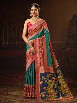 Garden VARELI - Women Green Viscose Printed Saree with Unstitched Blouse