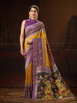 Garden VARELI - Women Mustard Viscose Printed Saree with Unstitched Blouse